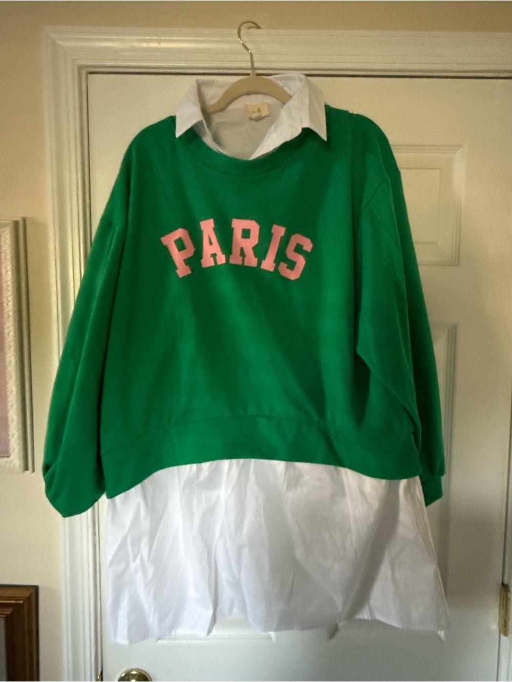 Green 'PARIS' Sweatshirt Twofer with removable collar
